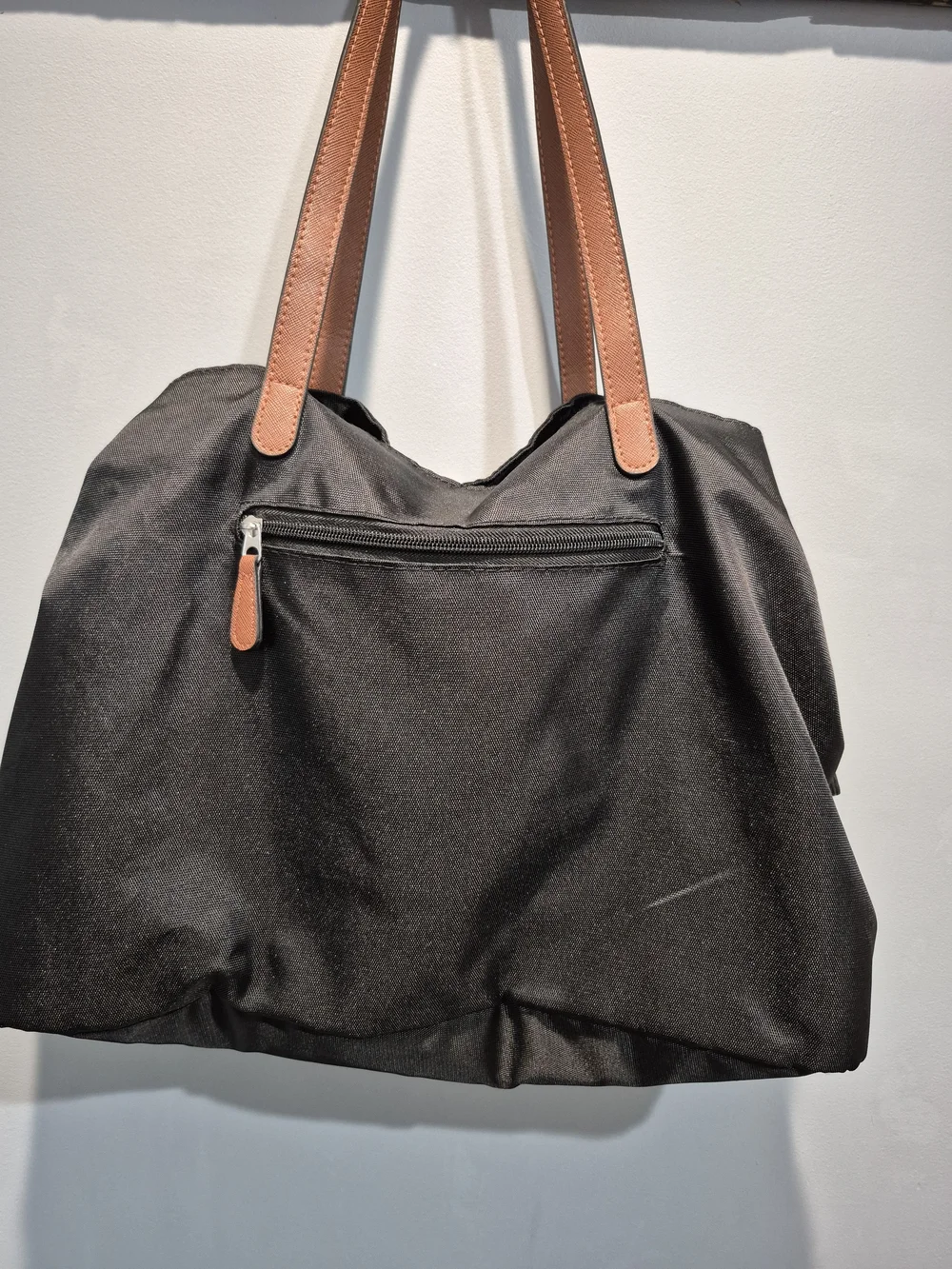 Roots Nylon Water Resistant Black Tote Bag Brown Leather Straps 3 Compartments - Picture 11 of 17